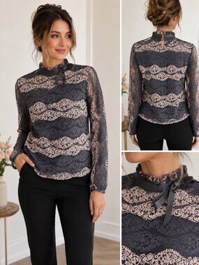 Coquette style Top Lace Blouse High Neck Bow Long Sleeve Elegant Romantic 38
